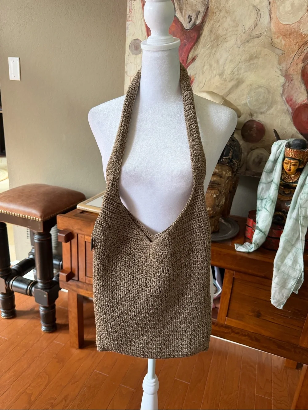 Jacqueline Ferrar Handmade Crochet Hobo Bag Brown Knit Shoulder Purse Boho